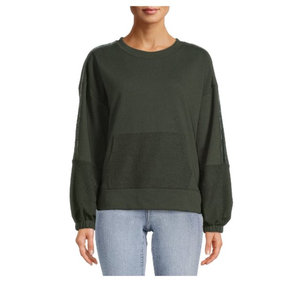 Time and Tru Terry Trim Sweatshirt Velvet Twill taping Size Medium Black New - Picture 5 of 8